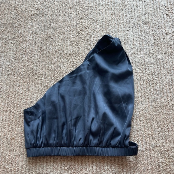 Super down Eileen Blue Satin Crop Top One Shoulder - Picture 3 of 8